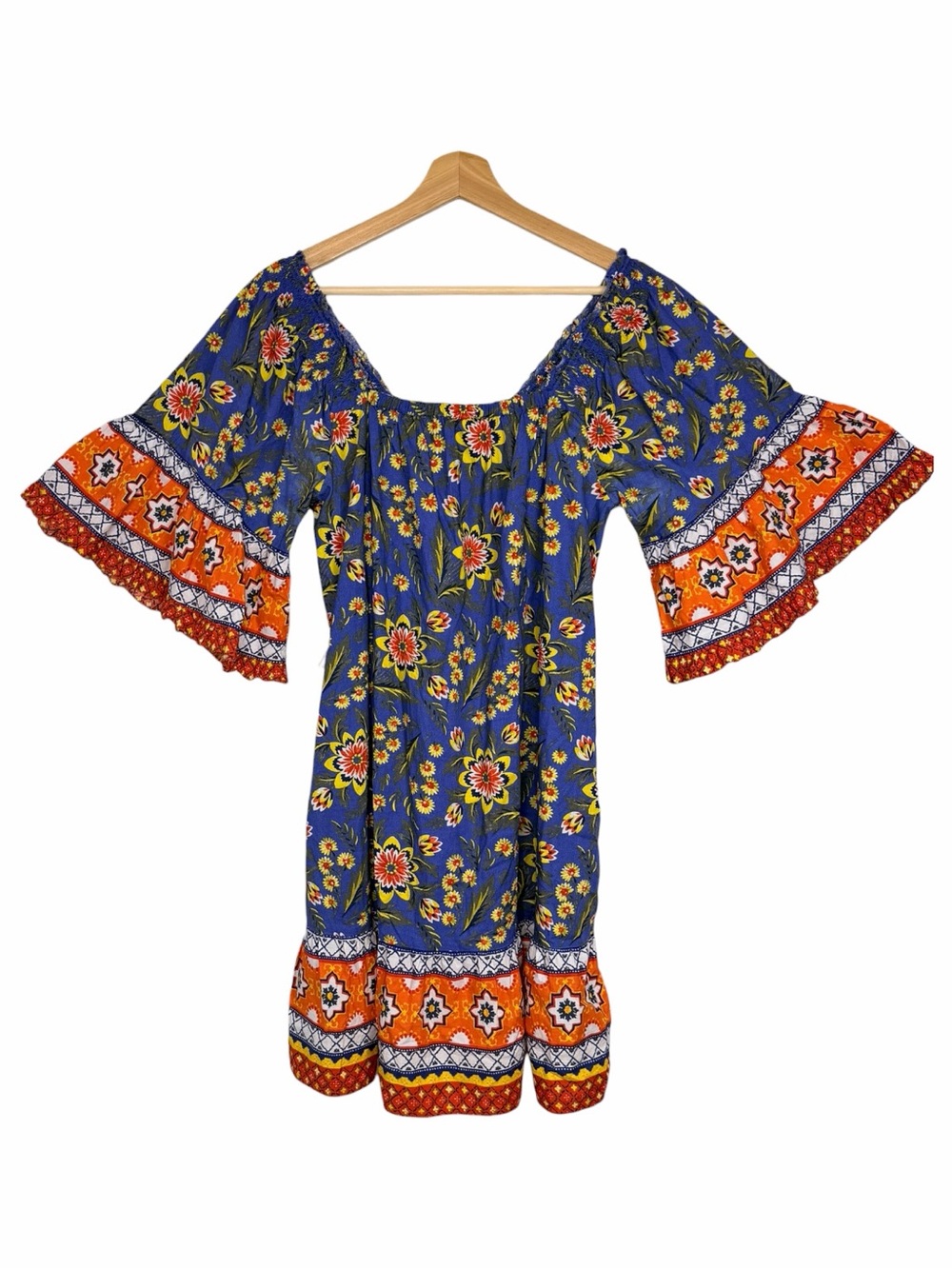 Joie Chloris Baja Blue Cotton Floral Mini Dress L Off Shoulder Boho - Picture 4 of 12
